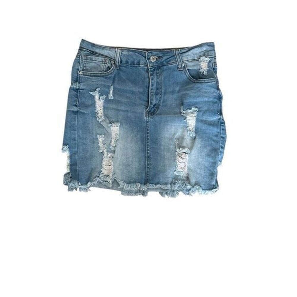 Forever 21‎ Womens A Line Mini Skirt Blue Distressed Stretch Frayed Hem Denim 30